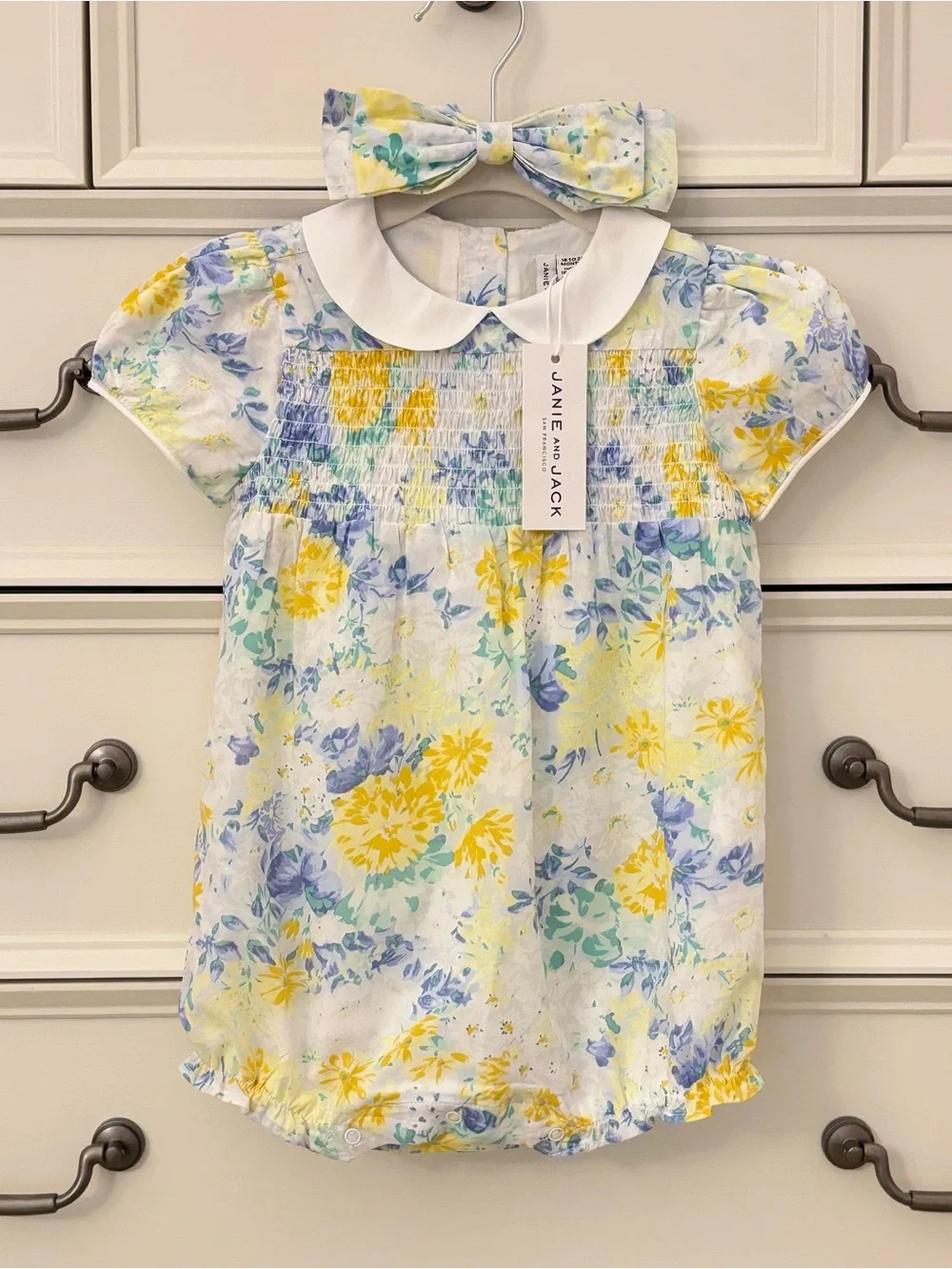 NWT Janie and Jack Charlotte Smocked Floral Romper & Bow Headband 18-24 Months
